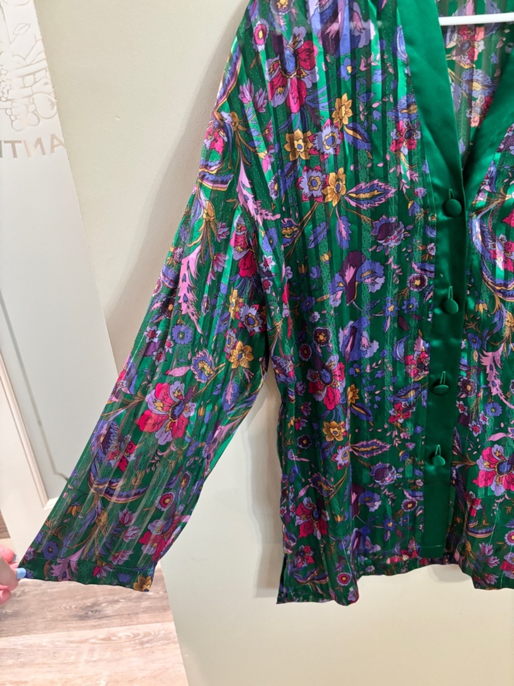 Victoria's Secret GOLD LABEL Green Satin Floral Blouse with Purple Accents - Picture 2 of 5